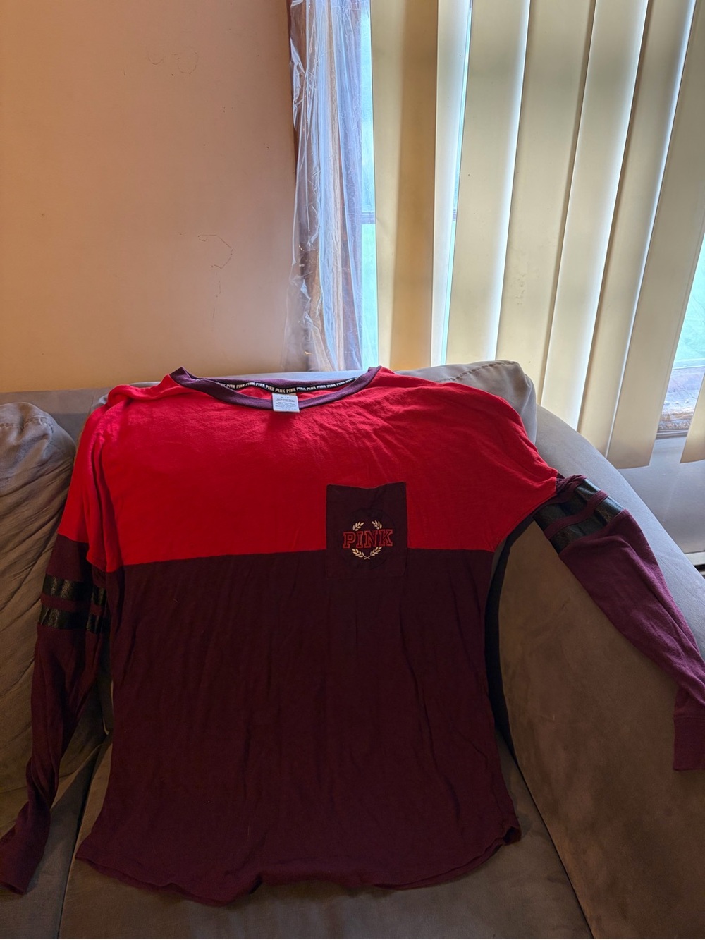 PINK Victoria's Secret Two-Tone Colorblock Long Sleeve Tee - Red & Maroon
